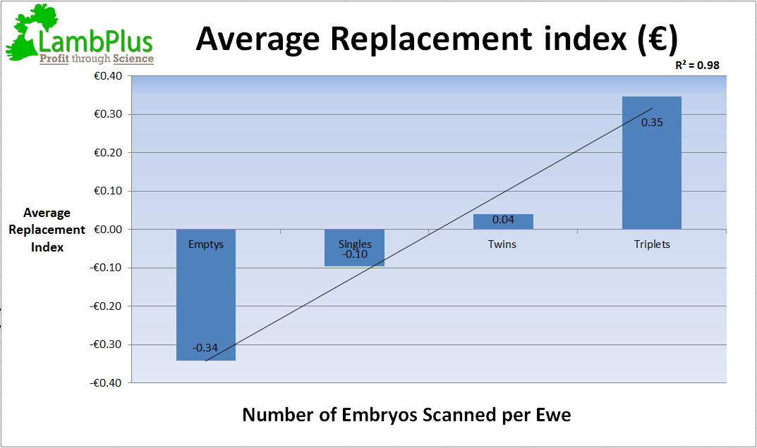 The Replacement Index has very accurately predicted the ewes performance at scanning, with empty ewes having an average index of €-0.34 and the triplet bearing ewes having an average index of €0.35